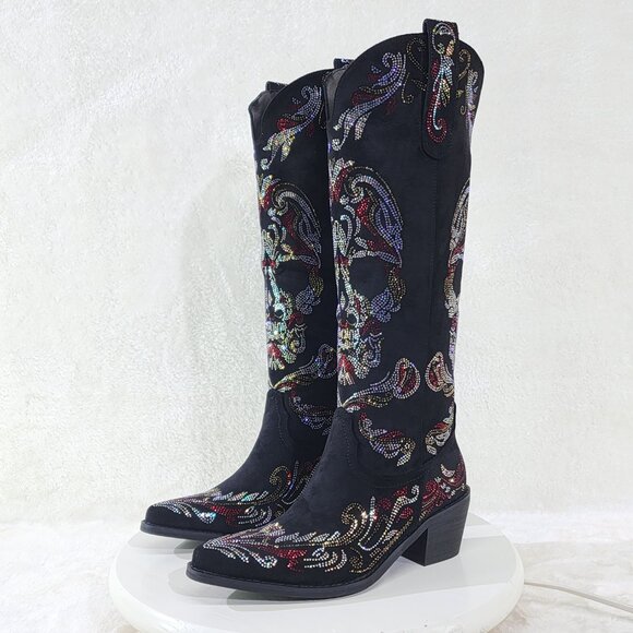 Muerto Country Western Cowgirl Boots Sparkling Iridescent Rhinestones Skull Red